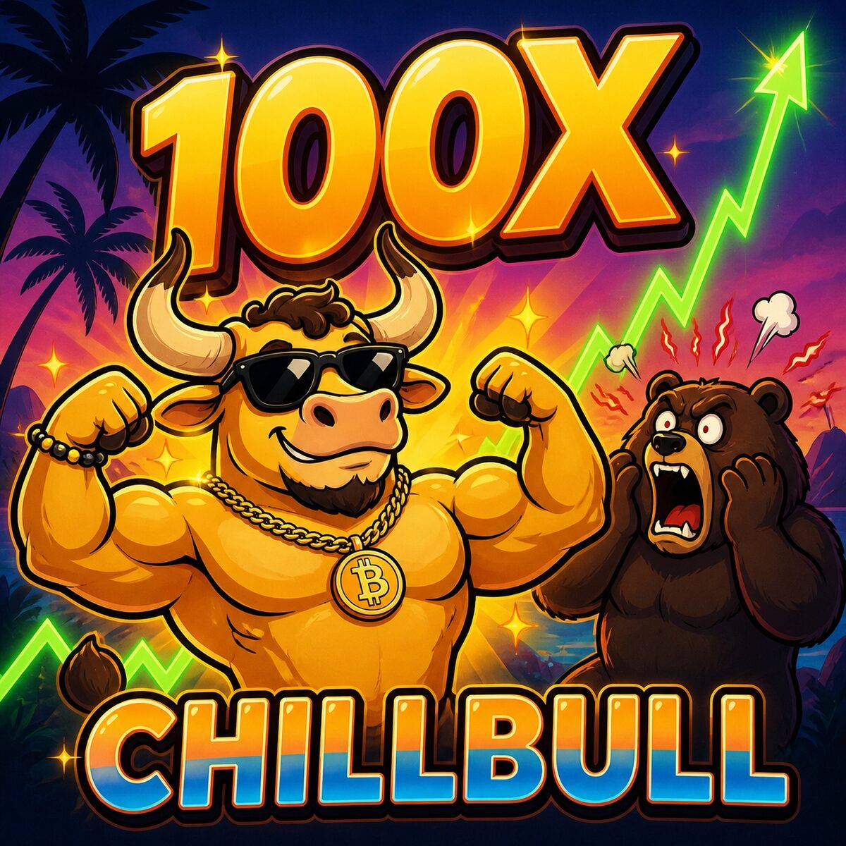 ChillBull flexing next to a screaming bear with 100X text