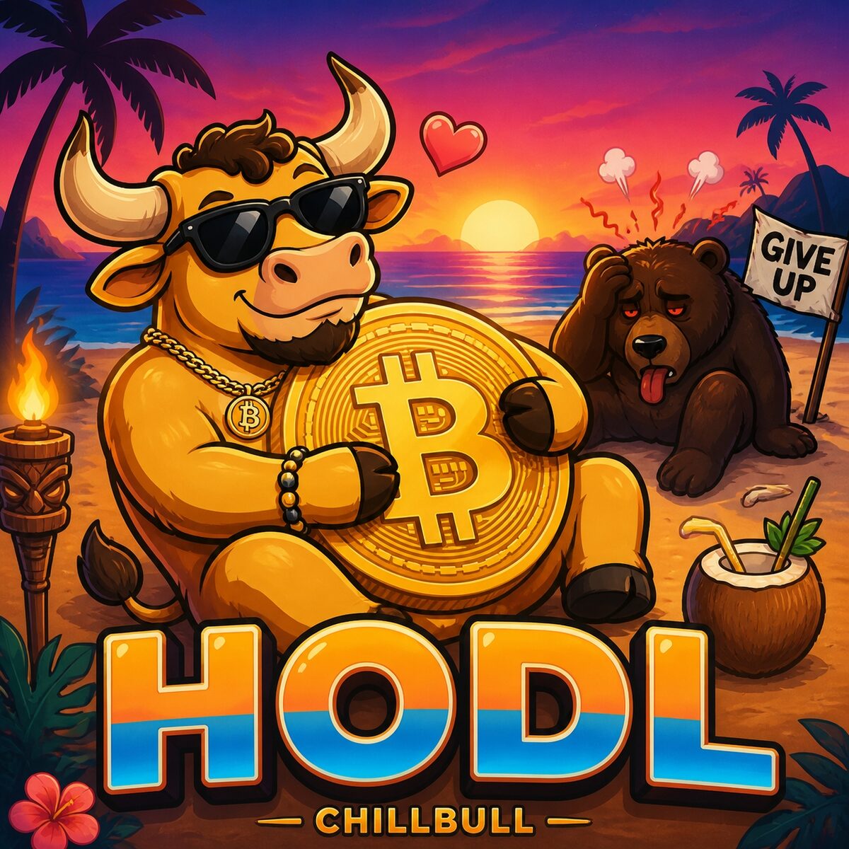 ChillBull hugging a giant Bitcoin while the bear holds a Give Up sign, HODL