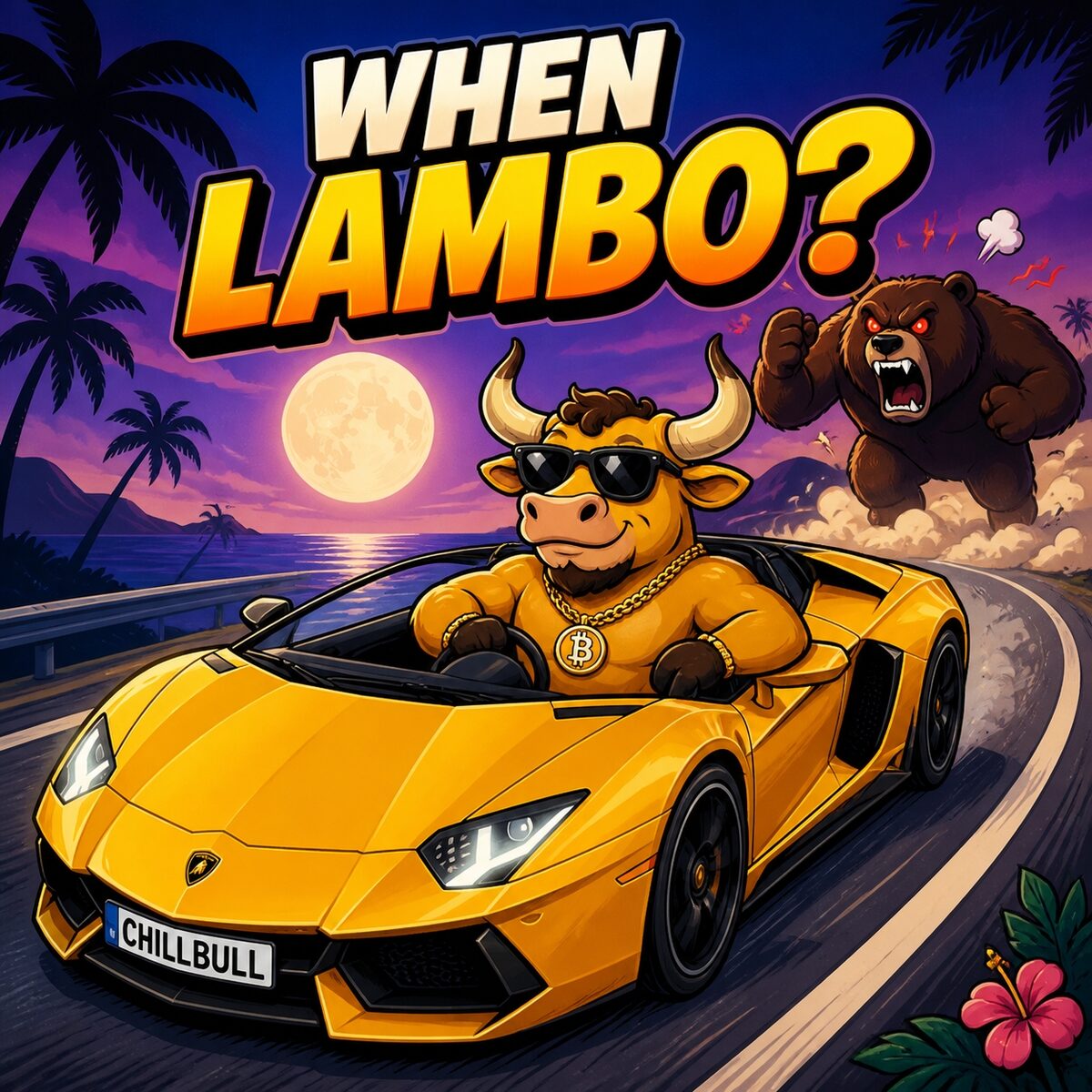 ChillBull driving a yellow Lamborghini, When Lambo?