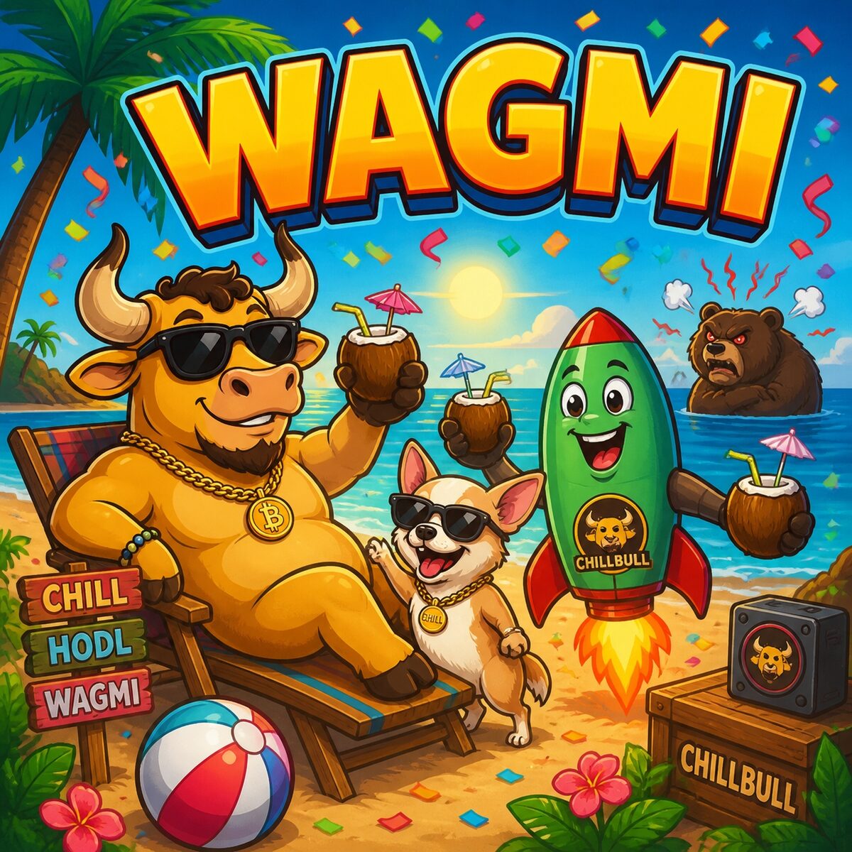 ChillBull partying on the beach with friends and a rocket, WAGMI
